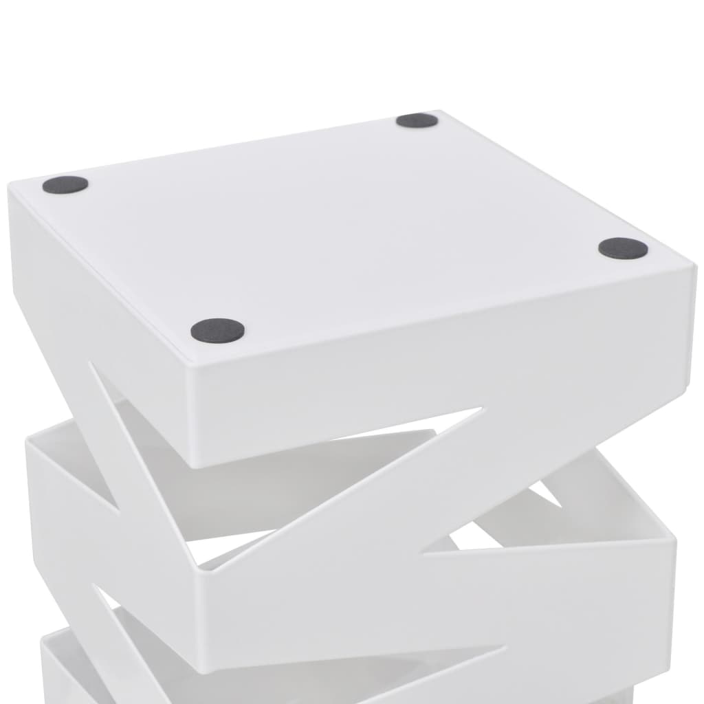 White geometric stool with black accents on a white background