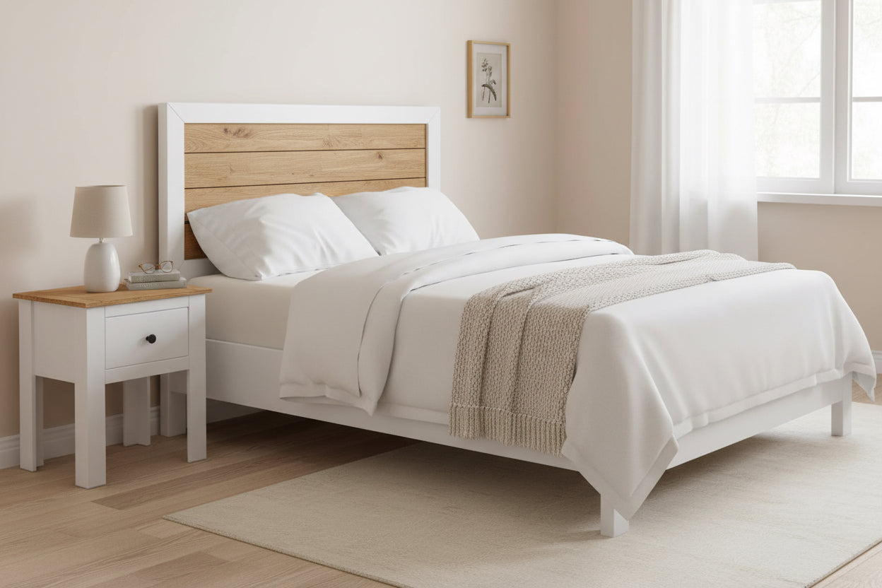 White nightstand with a wooden top on a white background
