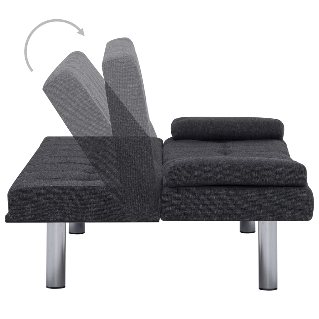 Gray sofa bed with a mechanism showing how to convert it into a bed.