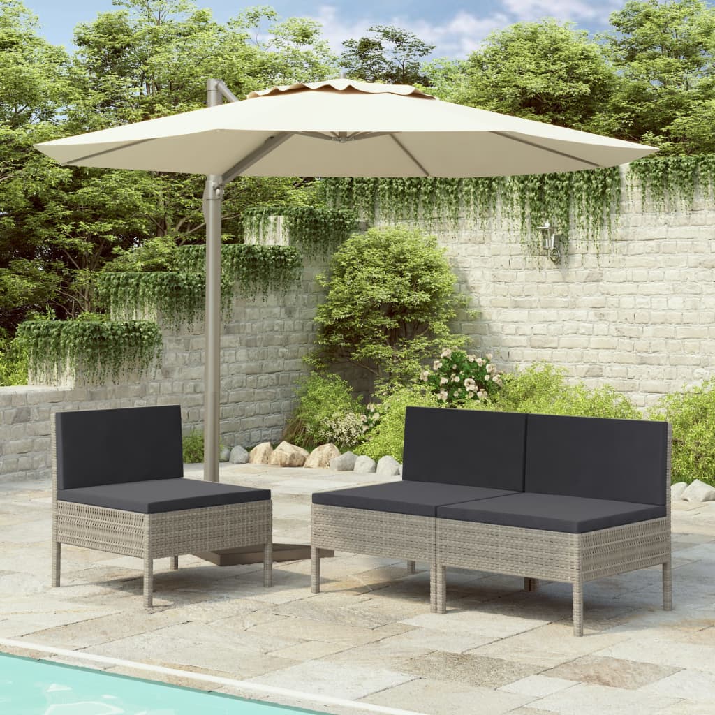 vidaXL Patio Chairs 3 Pcs Rattan Conversation Chair with Cushions Poly Rattan-7