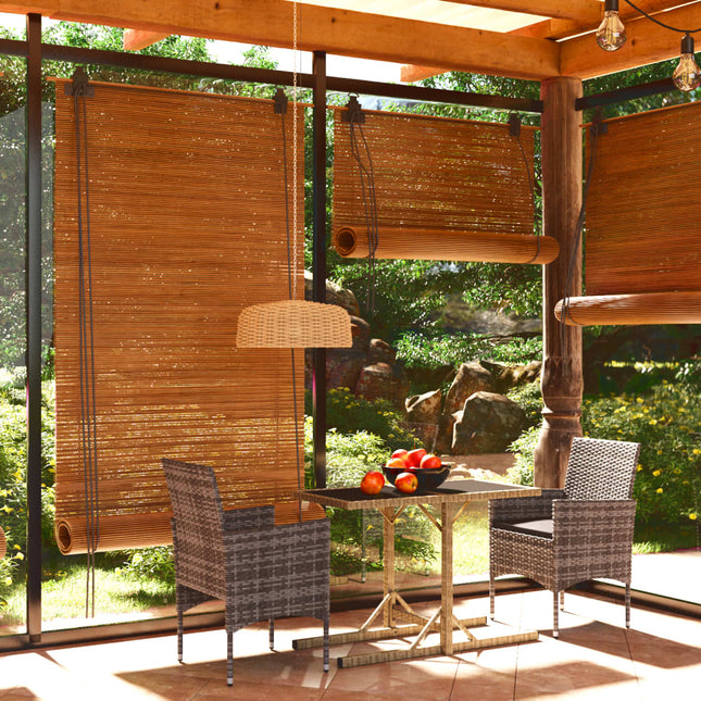 Outdoor patio with wooden pergola, table, and chairs with a garden view.