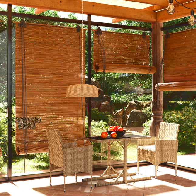 Outdoor dining area with wicker chairs and a table under a wooden pergola.