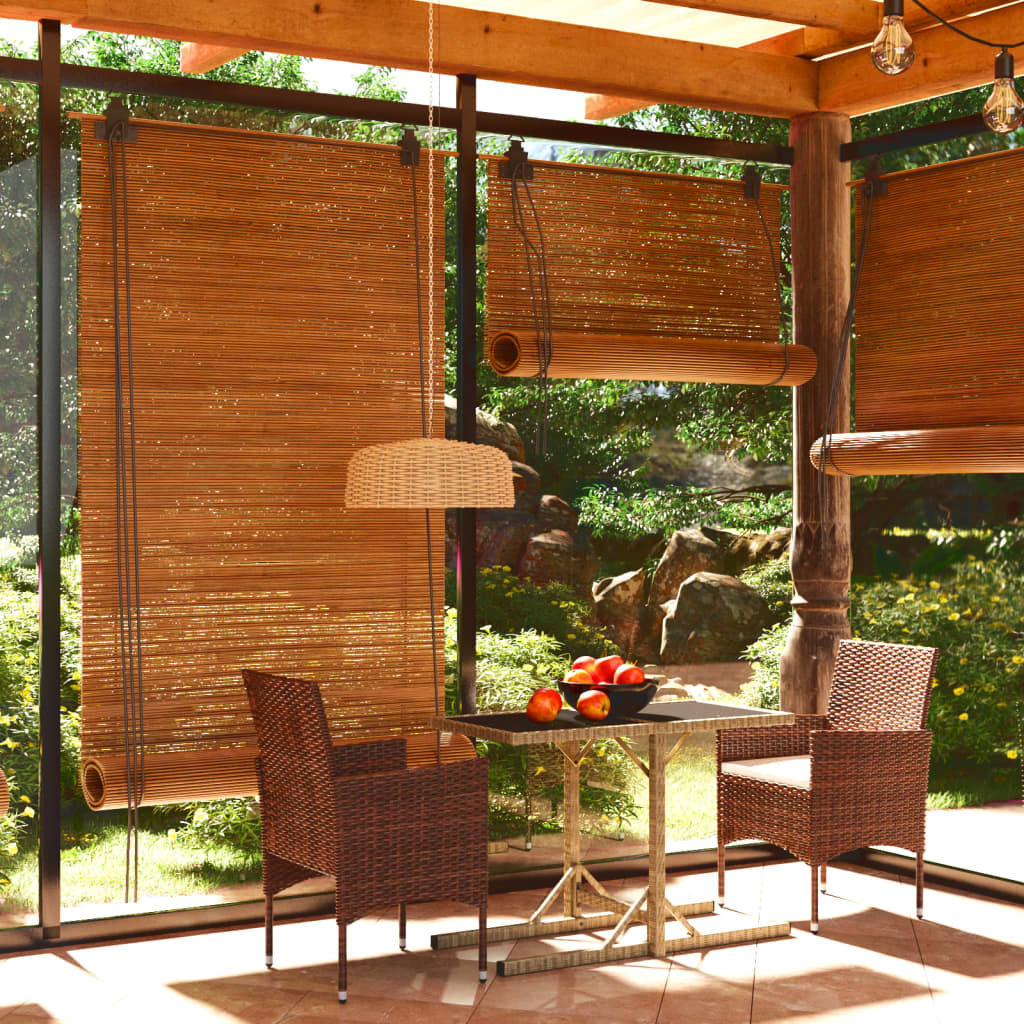 Outdoor patio with wicker chairs, table, and bamboo blinds.