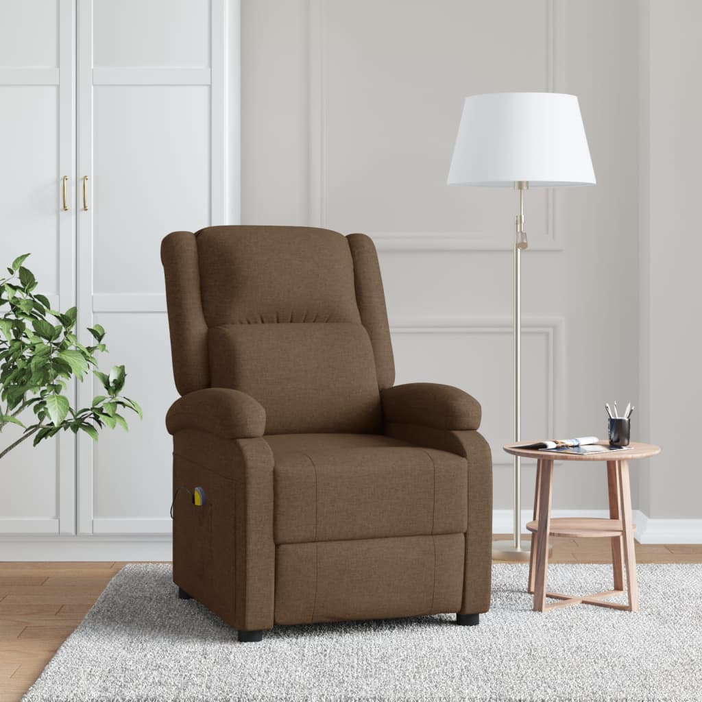 Brown recliner chair in a living room setting with a lamp and small table.