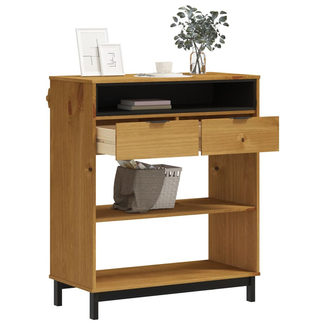 Wooden shelf with two drawers and a small plant on a white background