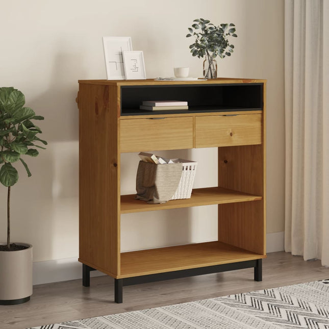 Wooden bookshelf with black accents in a room with plants and decor.