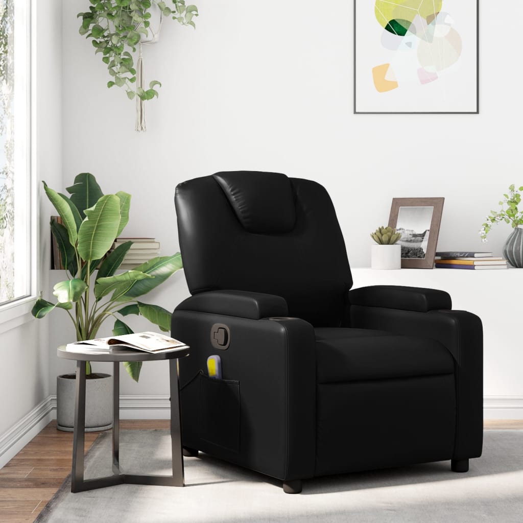 Black recliner chair in a living room setting with plants and a side table.