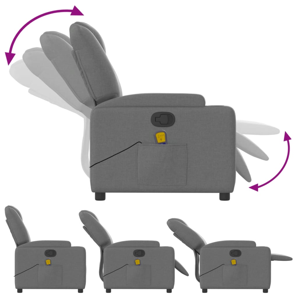 Gray recliner chair with armrests extended and folded, showing storage pocket.