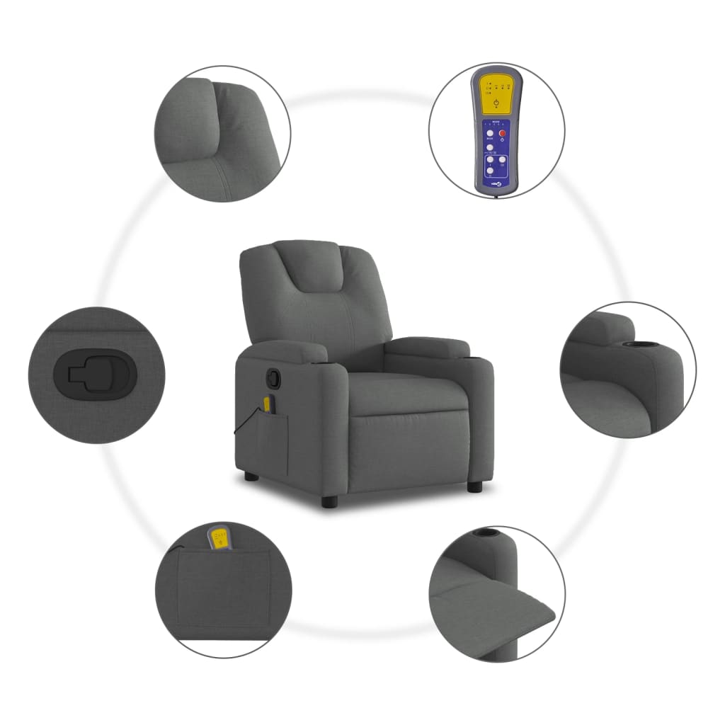 Gray recliner chair with circular insets showing different parts and controls on a white background