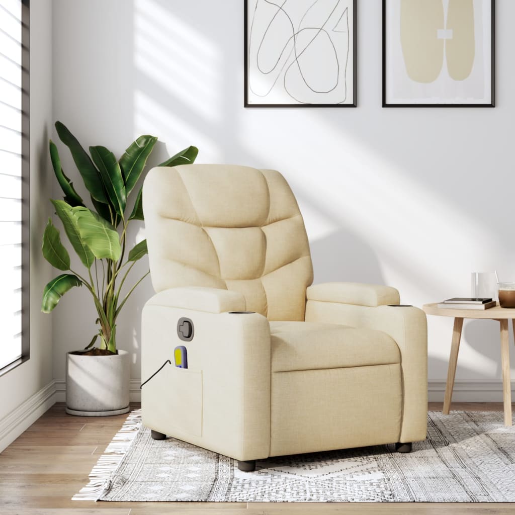 Beige recliner chair in a modern living room with a plant and framed art on the wall.
