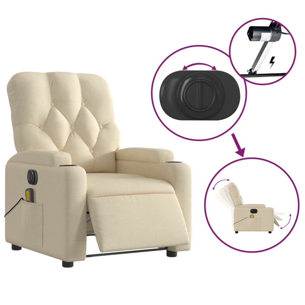 Beige recliner chair with remote control and power button illustration on a white background