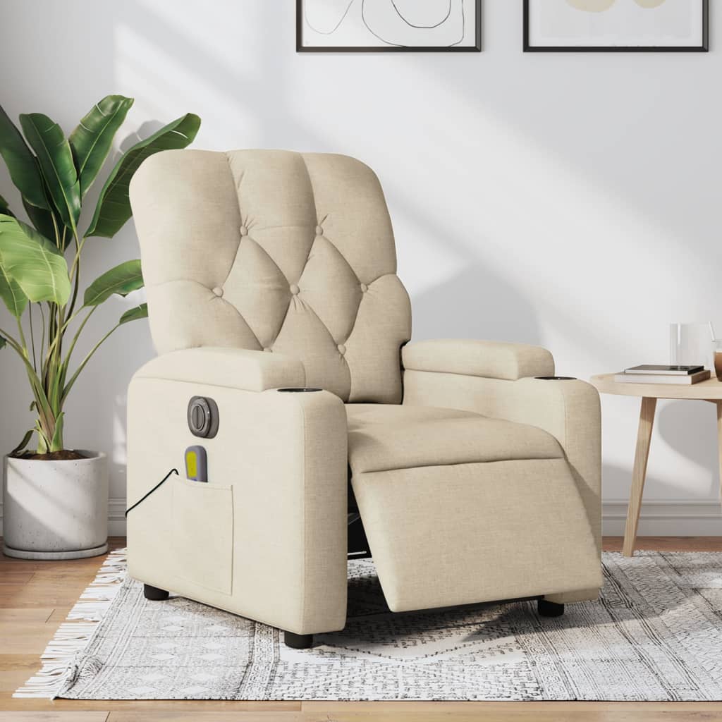 Beige recliner chair in a living room setting with a plant and table in the background.