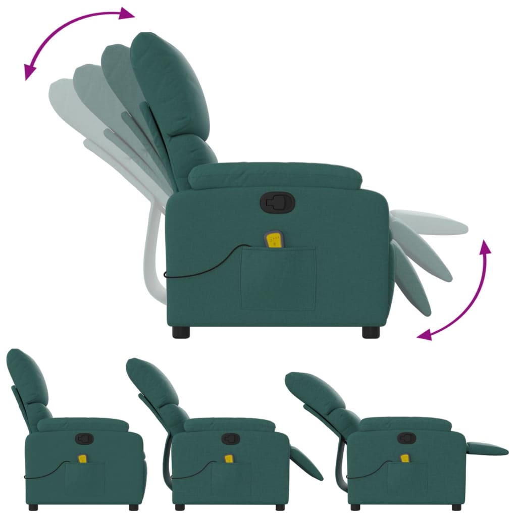 Green recliner chair with armrest extension feature on a white background