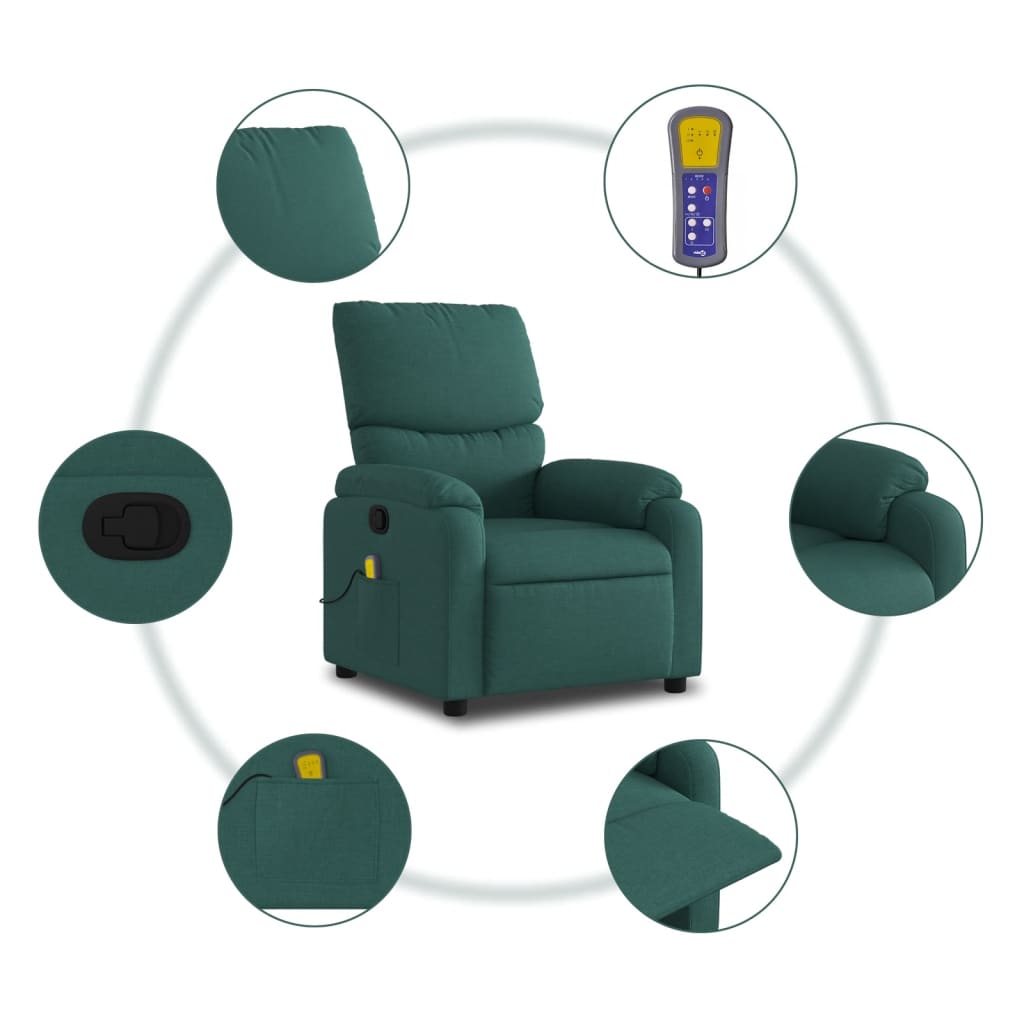 Green recliner chair with close-up details on a white background