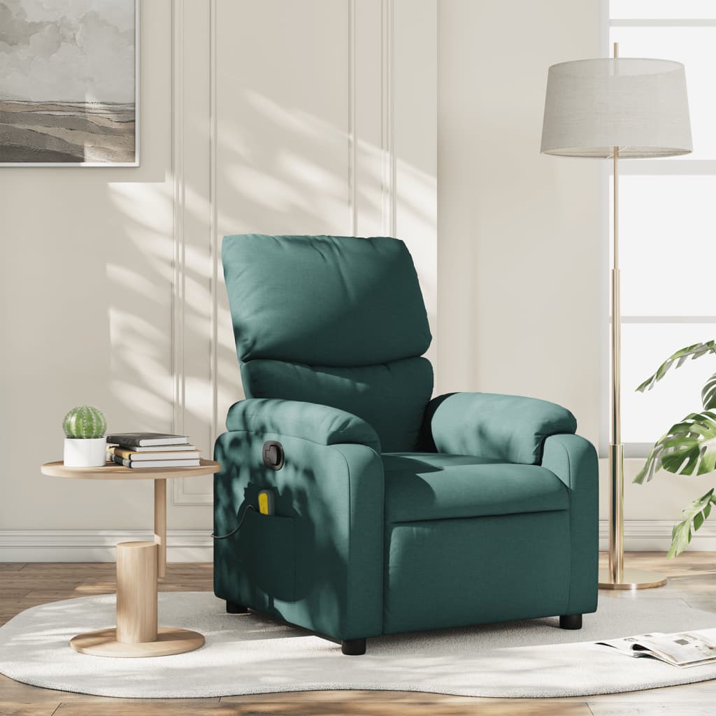 Green recliner chair in a living room setting with a side table and lamp.