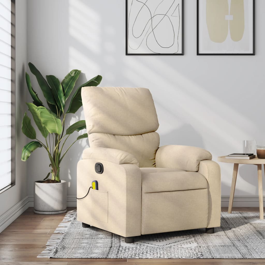 Beige recliner chair in a room with a plant and framed art on the wall.