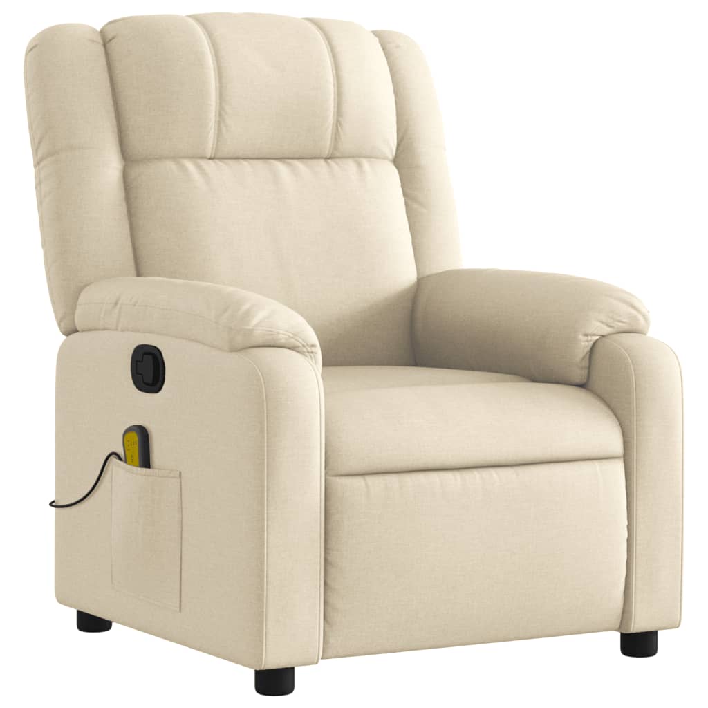 Beige recliner chair with cup holder and power button on a white background