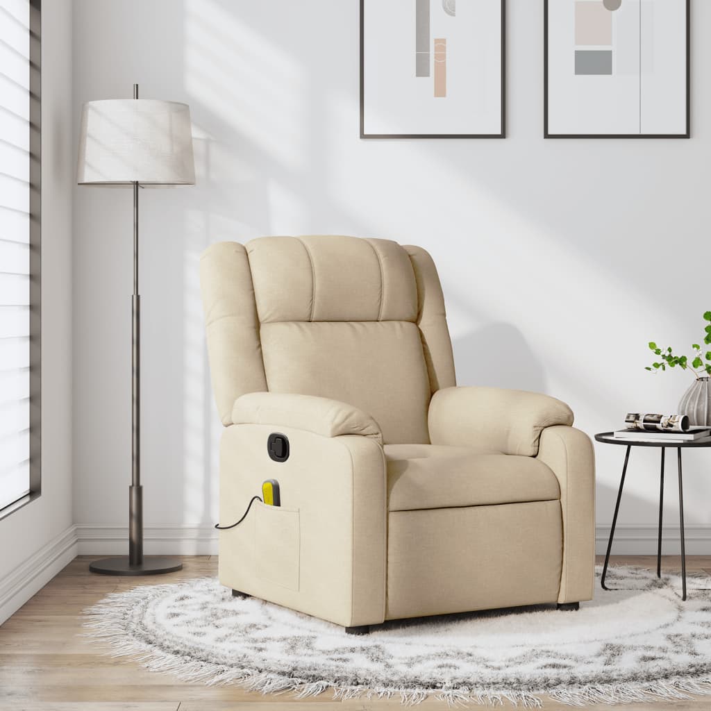 Beige recliner chair in a modern living room setting with a lamp and framed pictures on the wall.