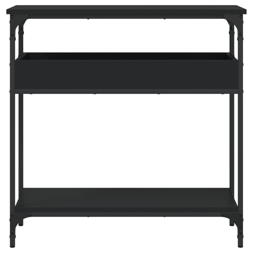 Black metal console table on a white background