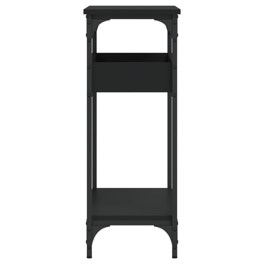 Black metal shelf with two levels on a white background