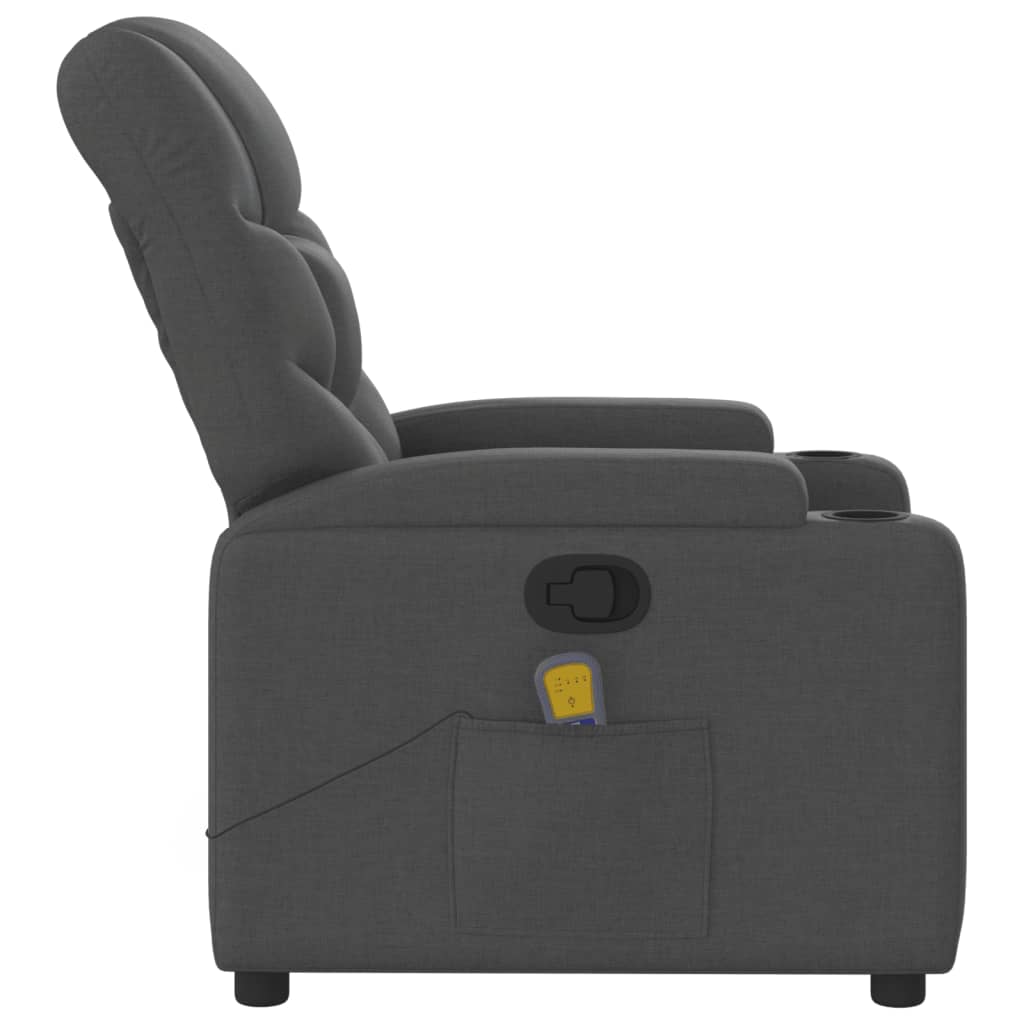 Gray recliner chair with cup holders and armrests on a white background