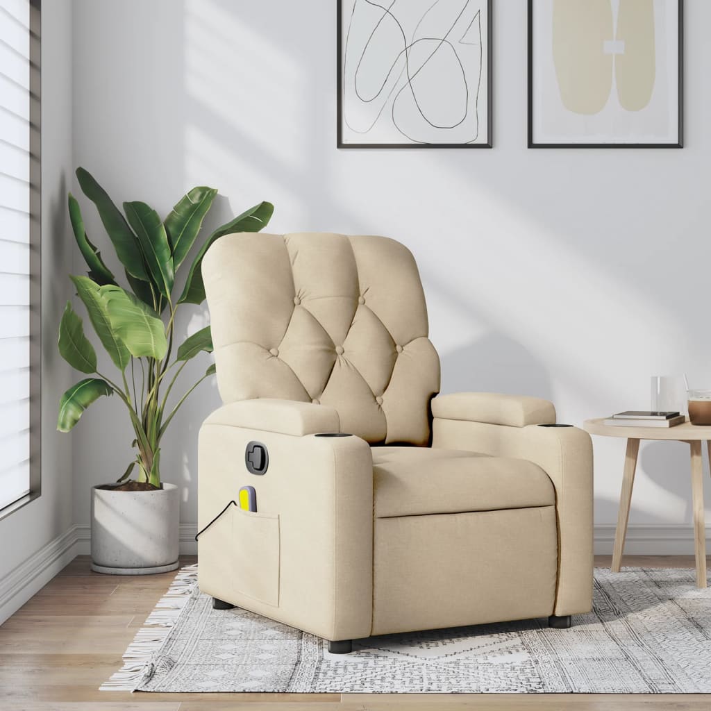 Beige recliner chair in a living room setting with a plant and table.