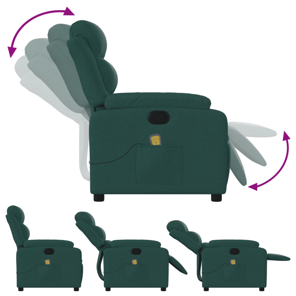 Green recliner chair with armrest extension feature on a white background