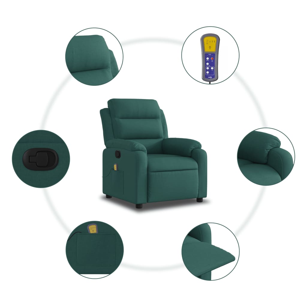 Green recliner chair with close-up details on a white background