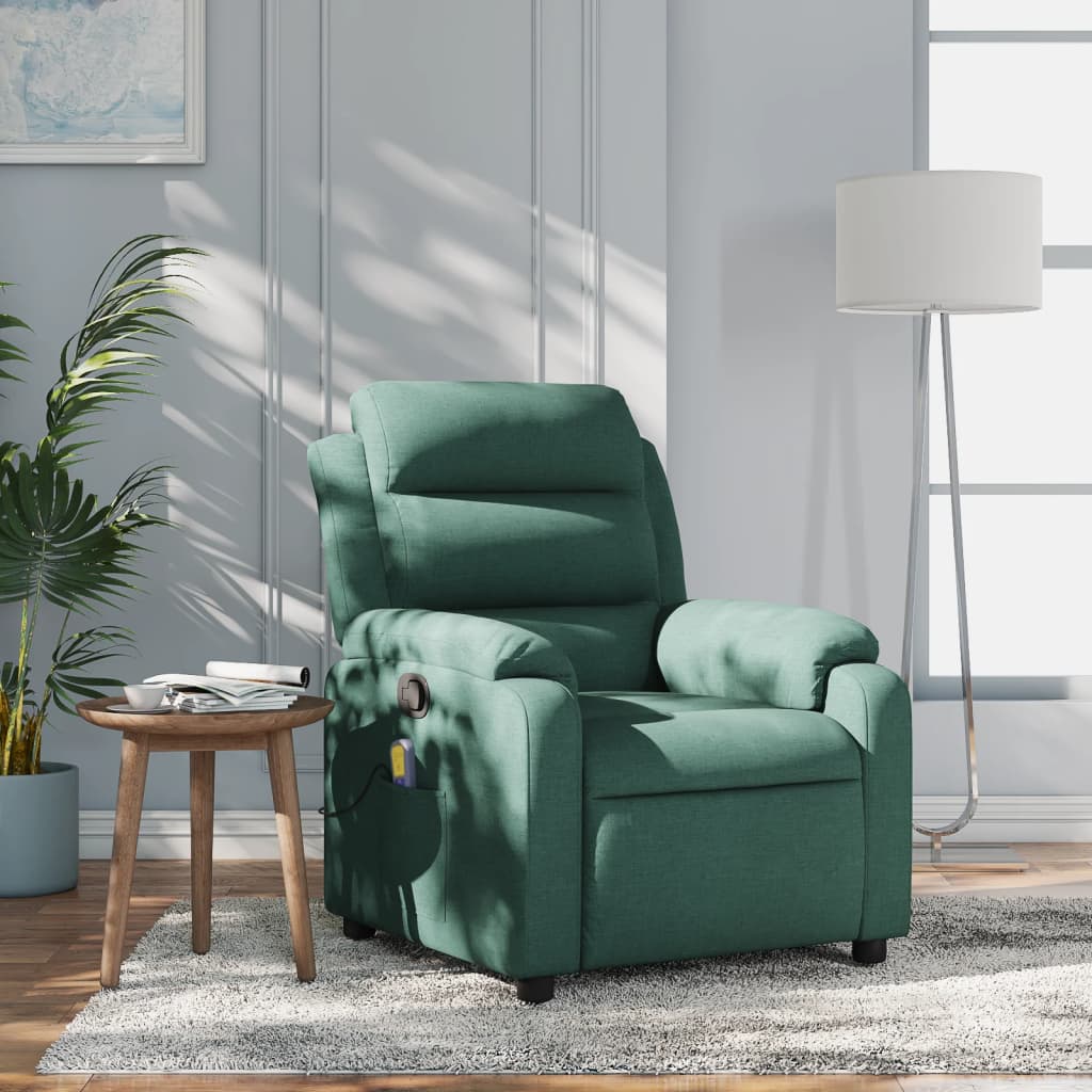 Green recliner chair in a living room setting with a side table and lamp.