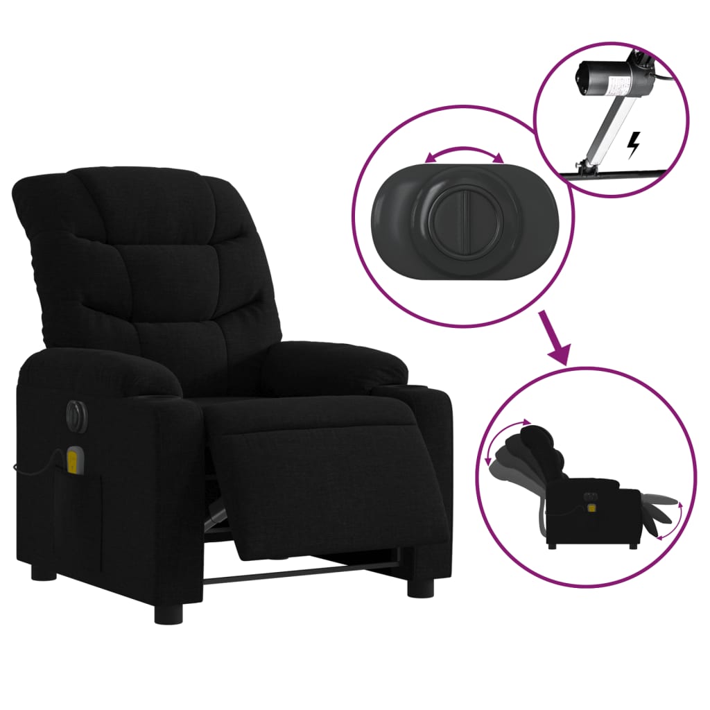 Black recliner chair with control details on a white background