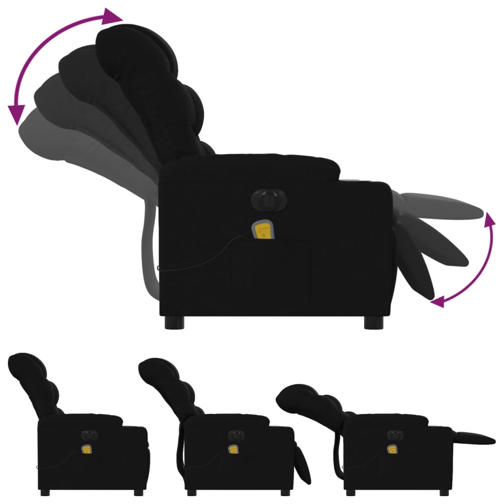 Black recliner chair with armrests and headrest, showing different angles on a white background.