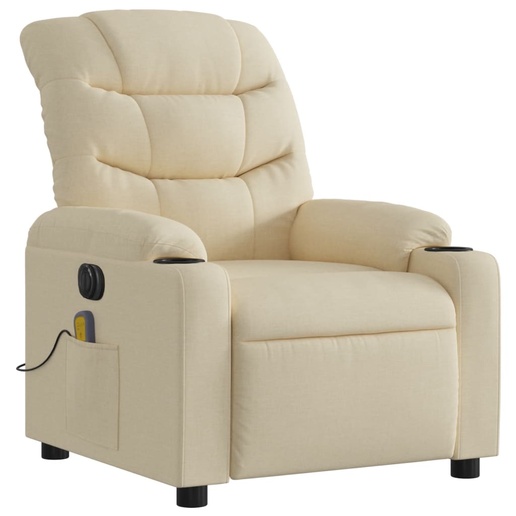 Beige recliner chair with cup holders and power outlet on a white background