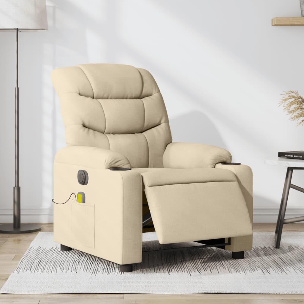 Beige recliner chair in a living room setting with a lamp and table in the background.