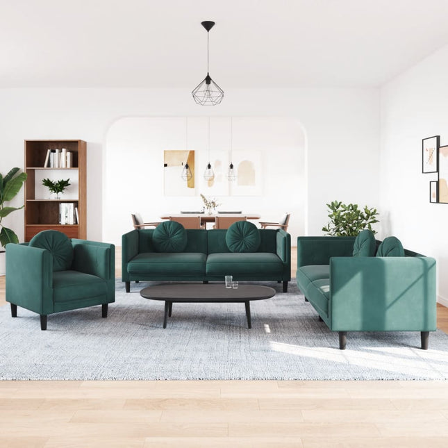 vidaXL 3 Piece Sofa Set with Pillows Dark Green Velvet-0