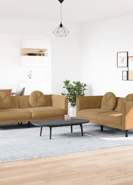 vidaXL 2 Piece Sofa Set with Pillows Brown Velvet-0