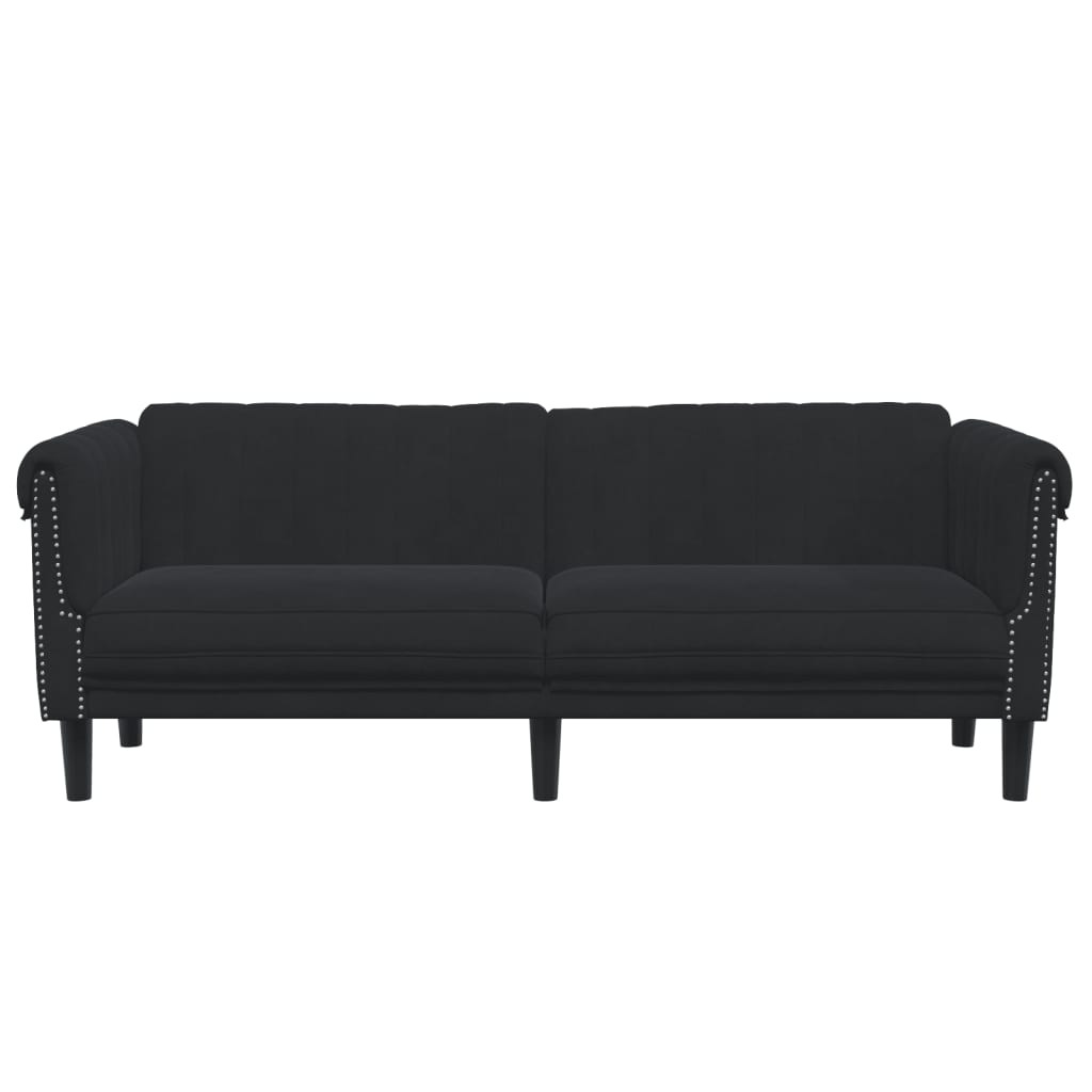 Black sofa with nailhead trim on a white background