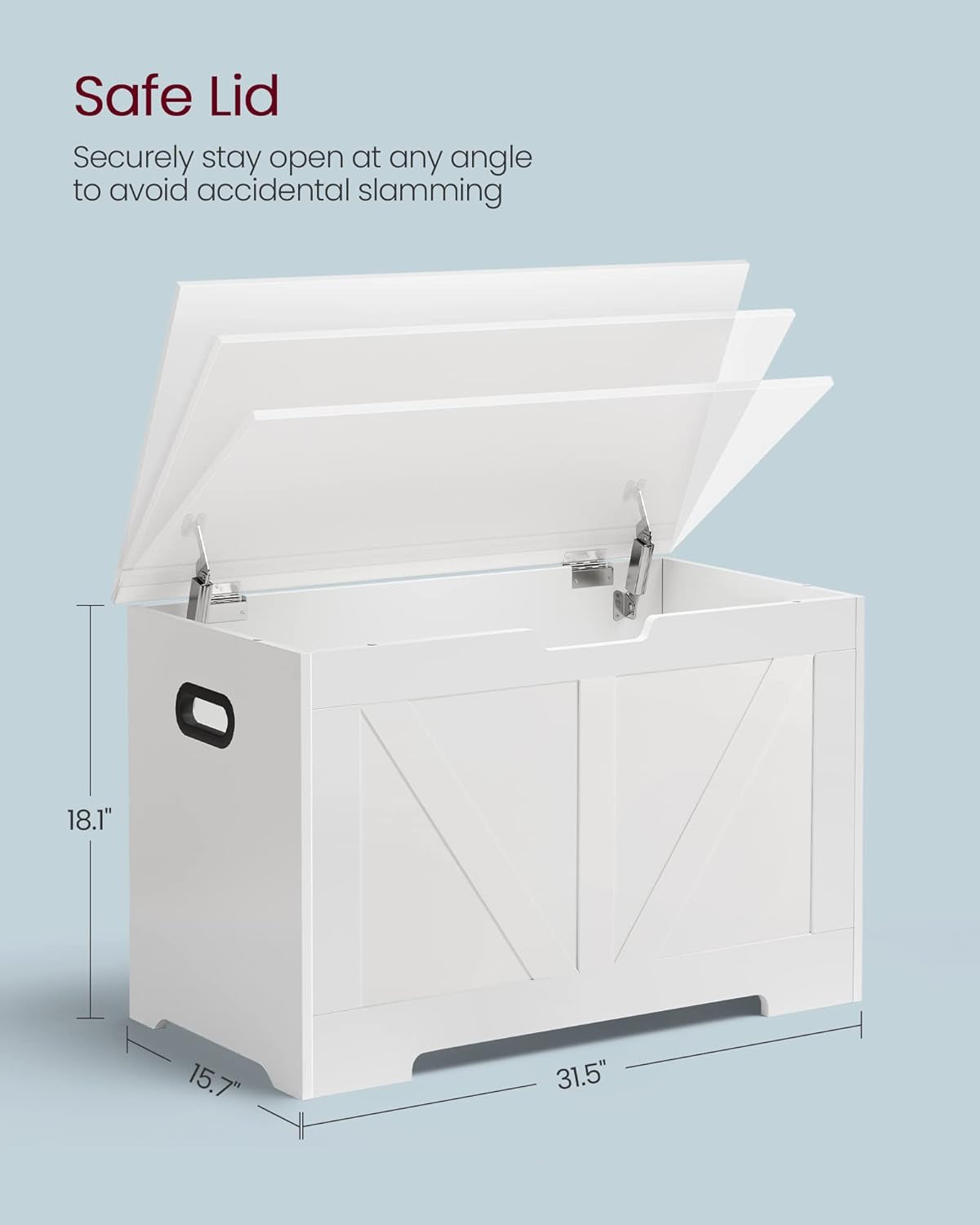 White storage box with open lid on a light blue background, featuring dimensions and safety feature text.