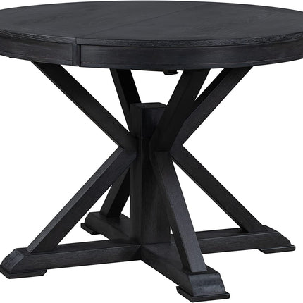 Black round table with a unique base design on a white background
