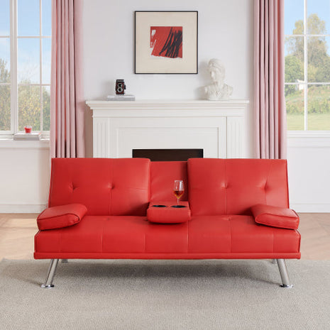 67-inch Red Leather Multifunctional Double Folding Sofa Bed with Coffee Table for Office Use-1
