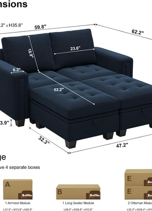 Velvet Modular Sectional Sofa Couch with Storage Convertible Sectional Sleeper Sofa Couch Bed Set with Reversible Chaise Blue-1