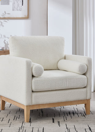 35.4' Wide Modern Farmhouse Performance Accent Chair with Natural Wood Legs, Wood Base Reading Armchair Single Sofa with Two Bolster Pillows for Living Room Offices and Lounge, Ivory Boucle.-1