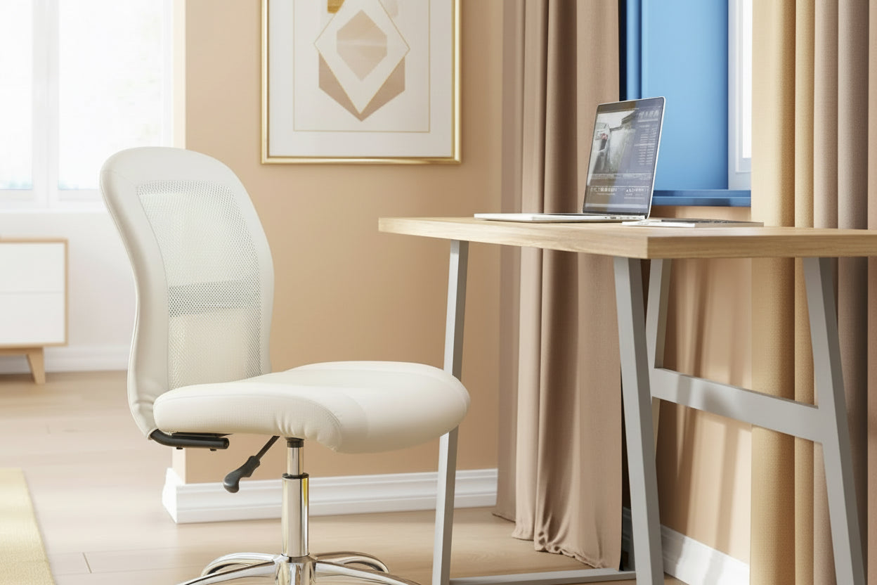 White office chair in a room with a yellow wall, blue curtains, and a desk.