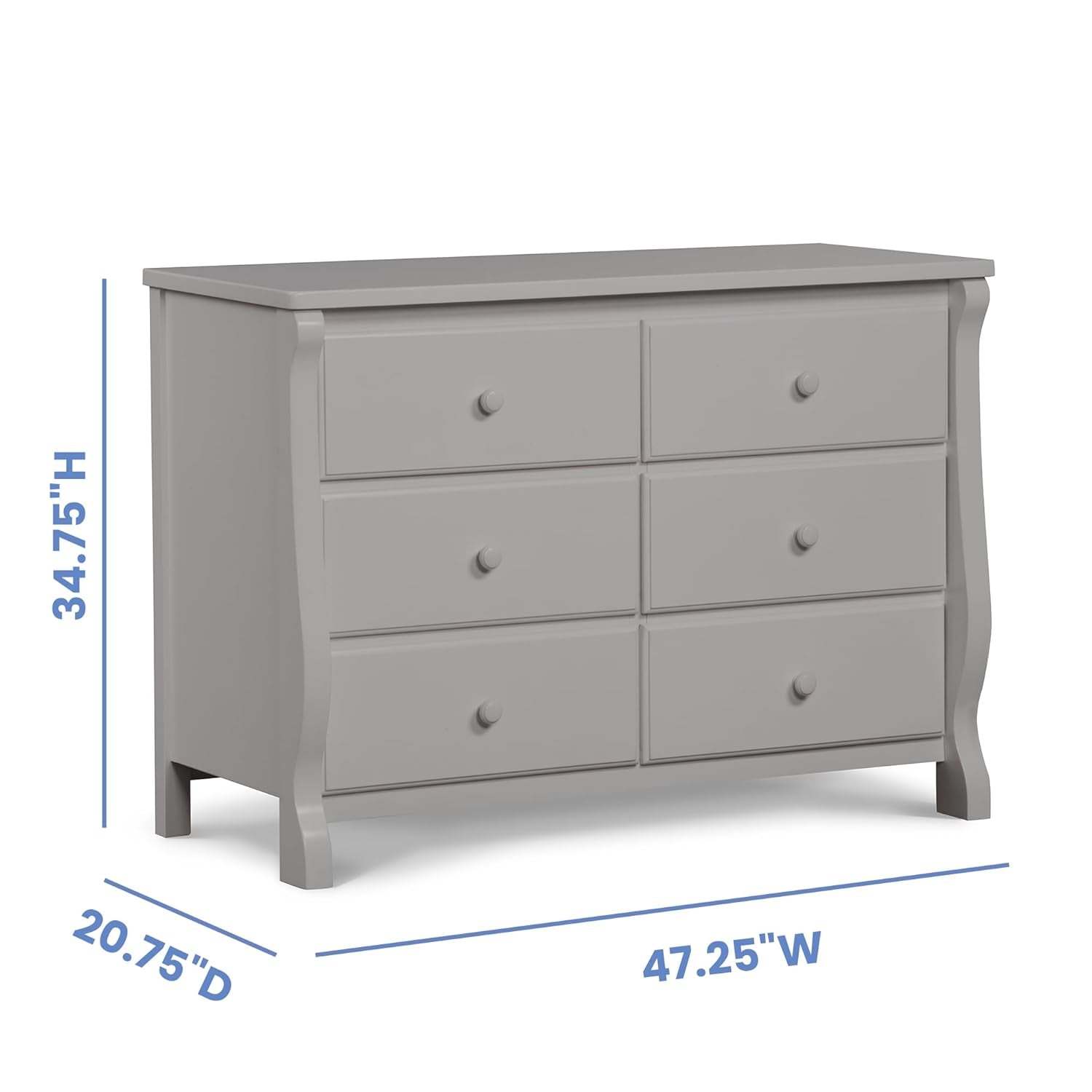 Gray dresser with dimensions labeled on a white background