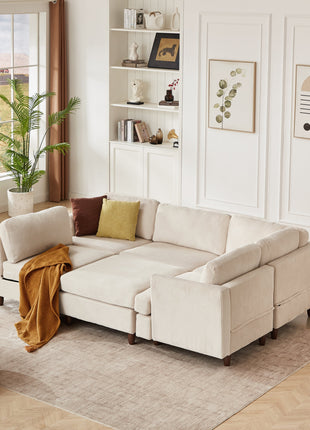 Modern Modular Sectional couch,6 Seaters Sleeper Sofa Upholstered Corduroy Free Combination Sofa(Beige)