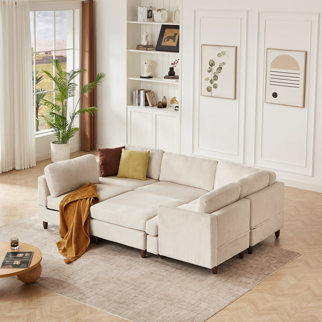 Beige 6-Seater Modular Corduroy Sectional Sleeper Sofa with Flexible Free Combination Design