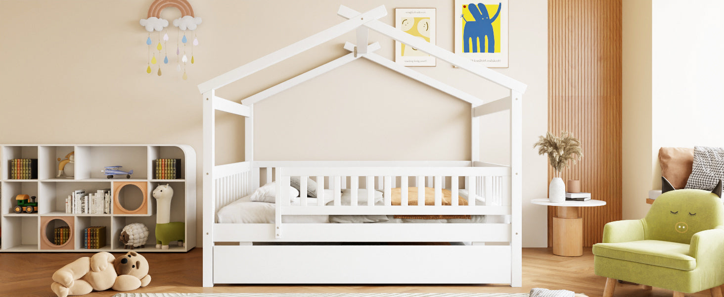 Full Size Wooden House Bed with Twin Size Trundle