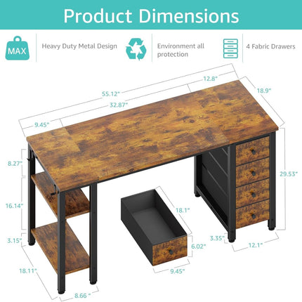 55 Inch Computer Desk with 4 Fabric Drawers & Storage Shelves, Writing Work Study Desk for Home Office Bedroom, Modern Simple Student PC Desks Table, Rustic Brown-2