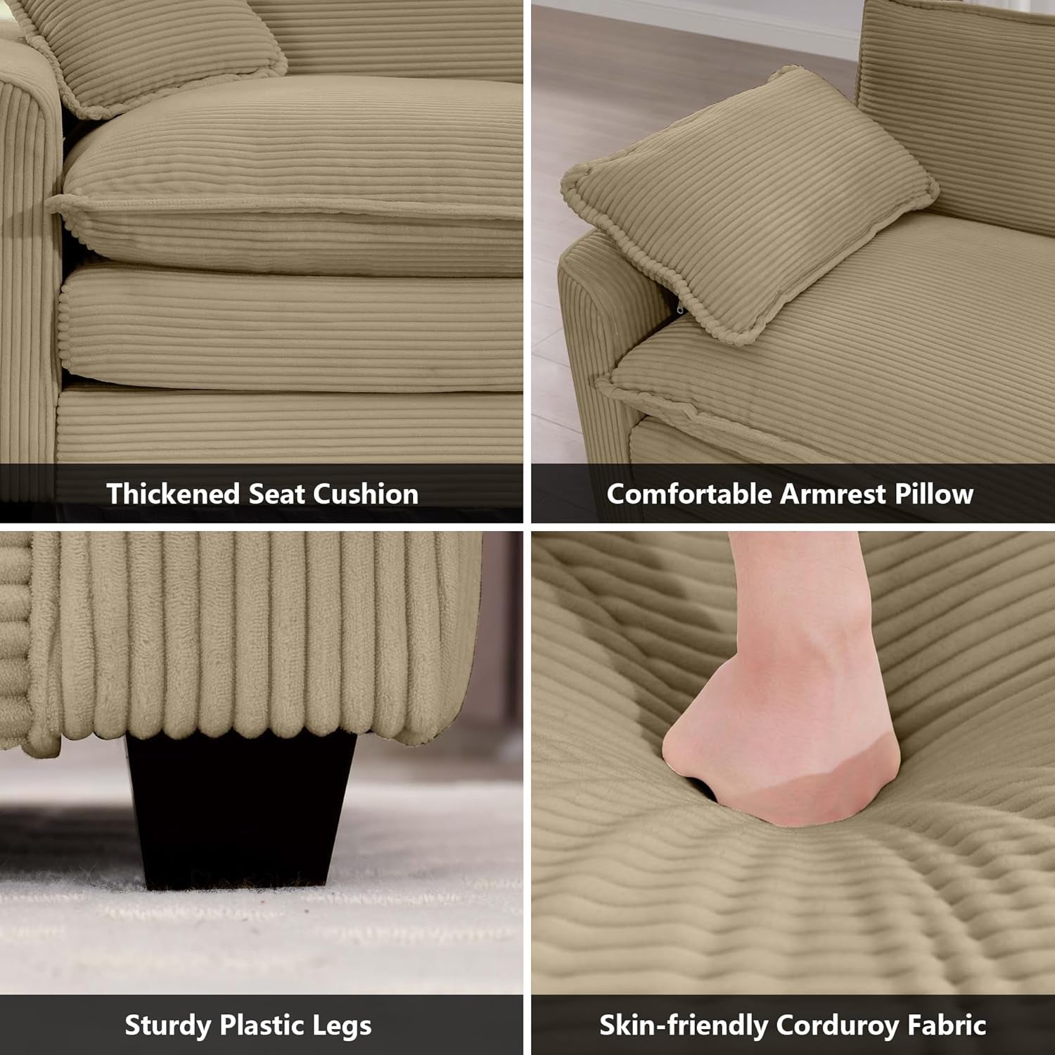 Collage of a beige sofa with features highlighted, including thick seat cushion, armrest pillow, plastic legs, and corduroy fabric.