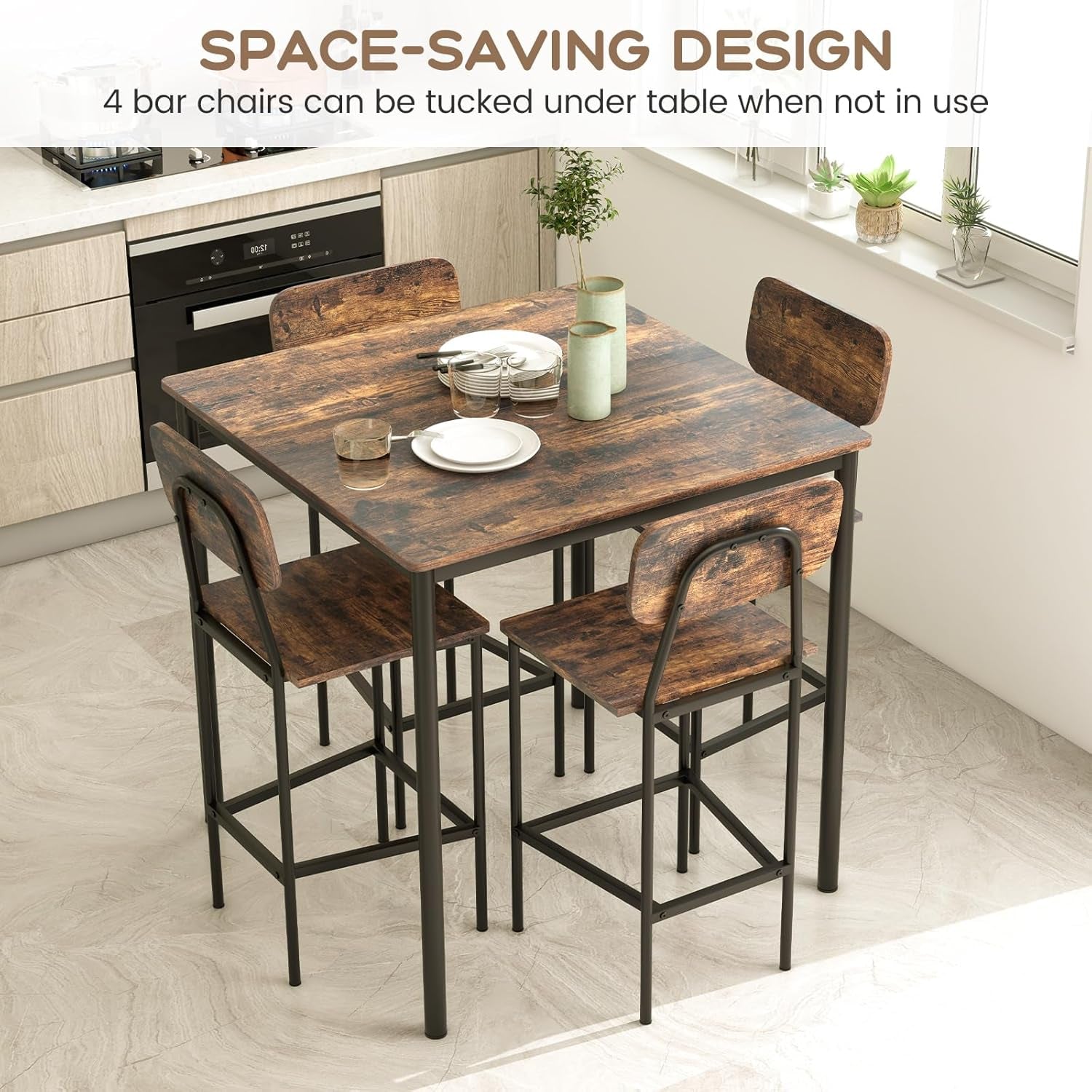 Wooden dining table with four bar chairs in a kitchen setting, emphasizing space-saving design.