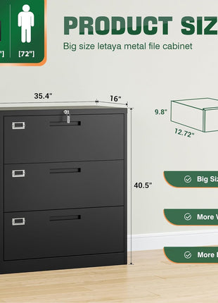 Lateral 3 Drawer File Cabinets with Lock, Metal Filing Storage Vertical Cabinets,Home Office Furniture for Organization Hanging Letter/Legal/F4/A4(Black)